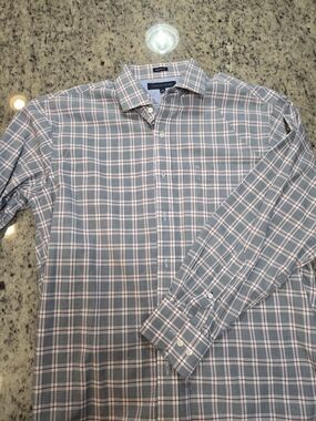 Tommy Hilfiger Men's Blue and Gray Plaid Dress Shirt with Red Accents